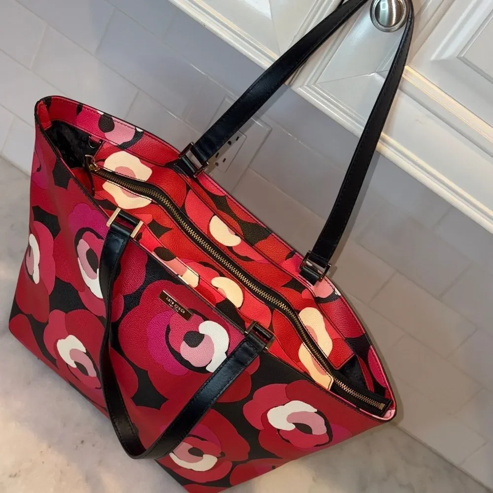 Kate Spade Bag Purse Handbag Leather Ellison Ave Sydney Floral Red XL Tote Bag